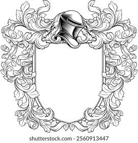 Coat of arms crest knight family medieval shield heraldry heraldic armorial motif. Featuring a knights helm helmet in a vintage etching engraving woodcut style 
