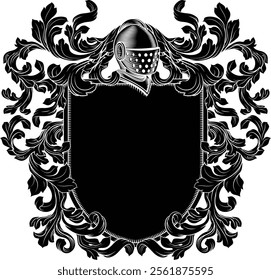 Coat of arms crest knight family medieval shield heraldry heraldic armorial motif. Featuring a knights helm helmet in a vintage etching engraving woodcut style 
