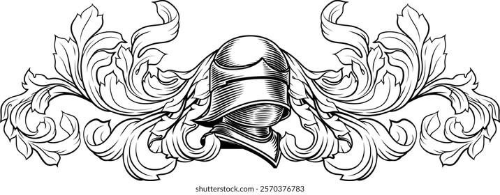 Coat of arms crest knight family medieval shield heraldry heraldic armorial motif. Featuring a knights helm helmet in a vintage etching engraving woodcut style 
