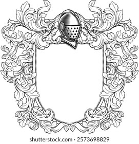 Coat of arms crest knight family medieval shield heraldry heraldic armorial motif. Featuring a knights helm helmet in a vintage etching engraving woodcut style 
