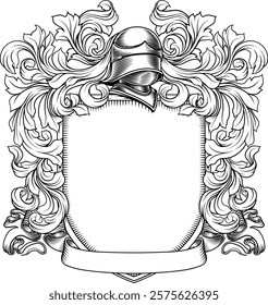 Coat of arms crest knight family medieval shield heraldry heraldic armorial motif. Featuring a knights helm helmet in a vintage etching engraving woodcut style 
