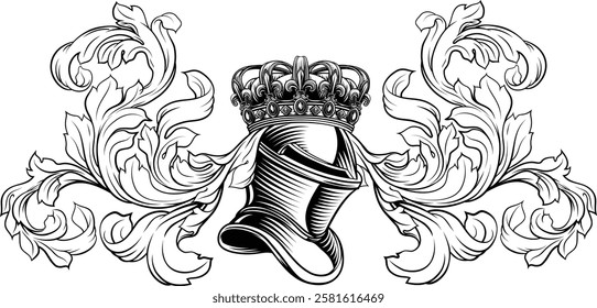 Coat of arms crest knight family medieval shield heraldry heraldic armorial motif. Featuring a knights helm helmet in a vintage etching engraving woodcut style 
