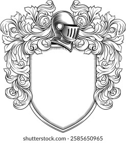 Coat of arms crest knight family medieval shield heraldry heraldic armorial motif. Featuring a knights helm helmet in a vintage etching engraving woodcut style 
