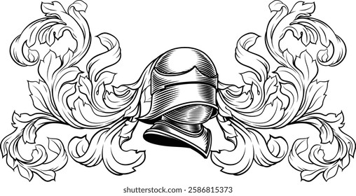 Coat of arms crest knight family medieval shield heraldry heraldic armorial motif. Featuring a knights helm helmet in a vintage etching engraving woodcut style 
