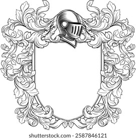 Coat of arms crest knight family medieval shield heraldry heraldic armorial motif. Featuring a knights helm helmet in a vintage etching engraving woodcut style 
