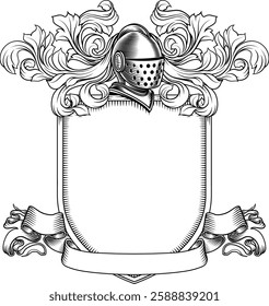 Coat of arms crest knight family medieval shield heraldry heraldic armorial motif. Featuring a knights helm helmet in a vintage etching engraving woodcut style 
