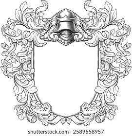 Coat of arms crest knight family medieval shield heraldry heraldic armorial motif. Featuring a knights helm helmet in a vintage etching engraving woodcut style 
