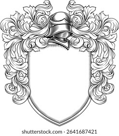 Coat of arms crest knight family medieval shield heraldry heraldic armorial motif. Featuring a knights helm helmet in a vintage etching engraving woodcut style 
