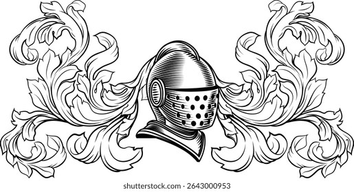 Coat of arms crest knight family medieval shield heraldry heraldic armorial motif. Featuring a knights helm helmet in a vintage etching engraving woodcut style 
