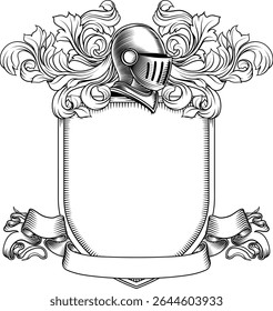 Coat of arms crest knight family medieval shield heraldry heraldic armorial motif. Featuring a knights helm helmet in a vintage etching engraving woodcut style 
