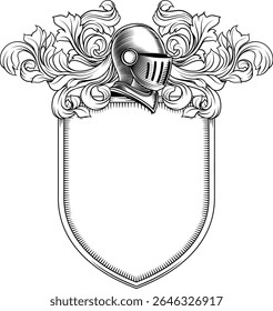 Brasão de armas crista cavaleiro família escudo medieval heráldica heráldica motivo armorial. Apresentando um capacete de capacete de cavaleiros em um vintage gravura estilo xilogravura 

