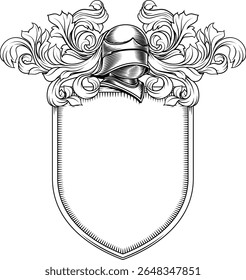 Brasão de armas crista cavaleiro família escudo medieval heráldica heráldica motivo armorial. Apresentando um capacete de capacete de cavaleiros em um vintage gravura estilo xilogravura 
