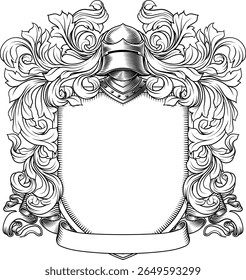 Brasão de armas crista cavaleiro família escudo medieval heráldica heráldica motivo armorial. Apresentando um capacete de capacete de cavaleiros em um vintage gravura estilo xilogravura 
