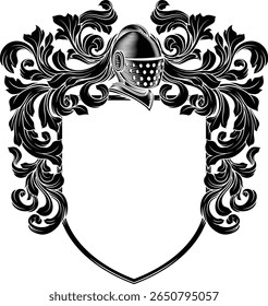 Brasão de armas crista cavaleiro família escudo medieval heráldica heráldica motivo armorial. Apresentando um capacete de capacete de cavaleiros em um vintage gravura estilo xilogravura 
