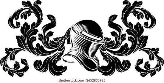 Coat of arms crest knight family medieval shield heraldry heraldic armorial motif. Featuring a knights helm helmet in a vintage etching engraving woodcut style 
