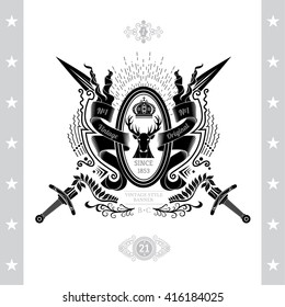 Coat of Arms from Cross Swords And Oval Frame In Center Between Ribbons. Vintage label Isolated On White