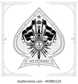Coat of arms with crossed flags and vertical sword in the center of ace of spades. Brand or T-shirt style on white
