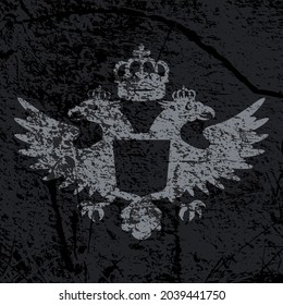 Escudo de armas con corona y águila sobre el fondo de la textura sucia de la antigua pared. Ilustración vectorial.
