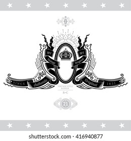 Coat of Arms With Crown And Oval Frame Between Ribbons. Vintage label isolated on white