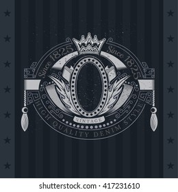 Coat of Arms With Crown And Oval Frame Between Ribbons And Wreath. Vintage Label On Blackboard
