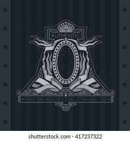 Coat of Arms With Crown And Oval Frame Between Ribbons Or Flags. Vintage Label On Blackboard