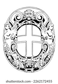 Coat of arms is decorative architectural element with lion and natural ornament details. Black and white sketch in hand-drawn style.