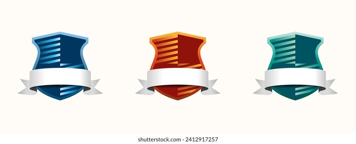 Coat of arms design in the form of a shield wrapped with a silver ribbon.