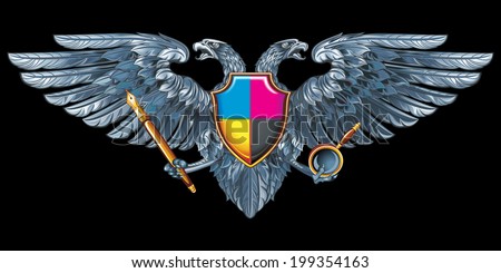 Coat of arms for the designer, or printers, or illustrator. Silver double-headed eagle with a pen and magnifier.