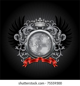 Coat of arms with a disco ball.  Vector illustration.