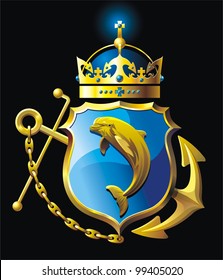 Coat of arms with Dolphin . Vector illustration with anchor, shield, dolphin, crown and chain