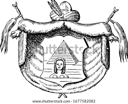 Coat of Arms, Egypt, engraved with a pyramid, arrow, face of the sphinx and other, vintage line drawing or engraving illustration.