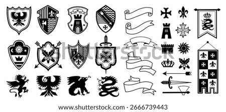 Coat of arms emblem set. Heraldic shield with crown ribbon and weapons, knight imperial royal badge logo design elements. Vector royal insignia collection.