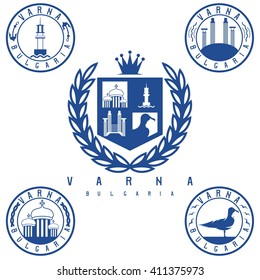 coat of arms and emblems with landmarks of the city Varna Bulgaria