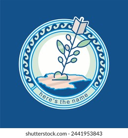 The coat of arms features elements: an arrow piercing into the ground. From the arrow grow leaves, the logo is surrounded by waves of the ocean, rivers, seas. The logo also includes the sun.