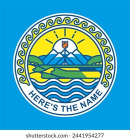 The coat of arms features mountains, a river, a sea, an ocean with dunes and arable lands, hills with trees, flowers, a tulip in the middle of the logo against the backdrop of the sun. 