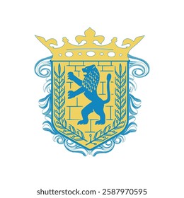 coat of arms featuring a crowned shield with a lion rampant, surrounded by ornamental details.