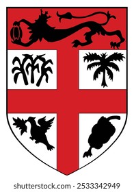 Brasão de armas de Fiji vetor silhueta ilustração isolado no fundo. Tenha medo de Deus e honre a Rainha. Banner do emblema do símbolo nacional de Fiji. Sinal patriótico. Coroa do Patriota Fiji. Forma heráldica.