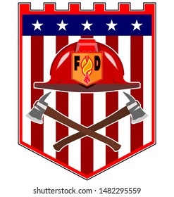 Coat of arms, fire service logo. Firefighter helmet with emblem and two axes