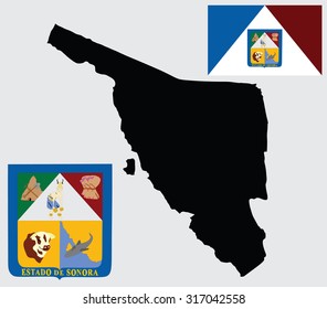 Coat of arms and flag of Mexican state of Sonora; isolated on background. Sonora vector map silhouette and coat of arms, seal, national emblem.  Original Sonora coat of arms in official proportion. 