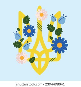 Coat of arms with flowers. Bright creative decorative design of trident. 