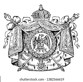 Coat of Arms, France, this seal has eagle with wide wings in the center of circle, it has mantle around circle and two crossed scepters behind the shield, and crown on top of shield, vintage