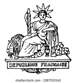 The Coat of Arms of France, this seal has  seated Goddess in a crown with seven arches, She holds a fasces, it also has cock and flower pot at her feet,  line drawing or engraving illustration