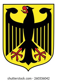 The Coat of Arms of Germany features a black eagle called the Bundesadler. Coat of arms of Germany, black eagle on a yellow field, isolated on white background.