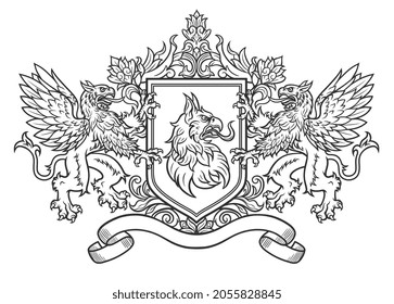Coat of arms with griffins, shield and ribbon for lettering. Line digital vector ink art.