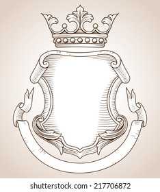 Coat of Arms -  Hand-drawn, highly detailed Coat of Arms illustration.  Copy space available on shield and banner for your text or image.  Colors can be edited easily.