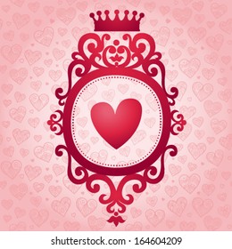 Coat of arms with heart on pink seamless background. Vector baroque frame in Victorian style. Element for design. It can be used for decorating of invitations, cards, decoration for bags and clothes.
