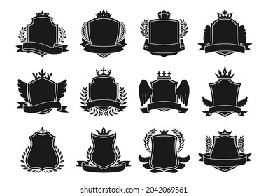 Coat of arms Heraldic emblem icon set. Blazon different crown shield, ribbon, wing and laurel wreath for coat of arms. Vintage decorative royal knight shields or emblems luxury vector