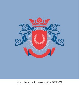 Coat of arms. Heraldic logo with shield, crown, floral motifs and ribbon. Vector illustration.