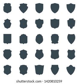 Coat of arms icon. Shield flat vector shape. Set of black silhouette of shield isolated on white background.