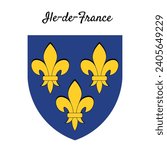 Coat of arms of the Ile de France region of France with royal lilies on a blue shield, vector. Fleur de lis